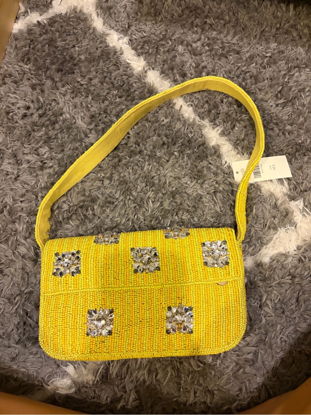 Anthropologie Yellow Beaded Shoulder Bag with Crystal Squares